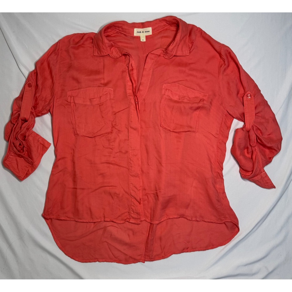 Cloth & Stone Coral Pink Rayon Button Down Roll Tab Sleeve Shirt Small Preppy